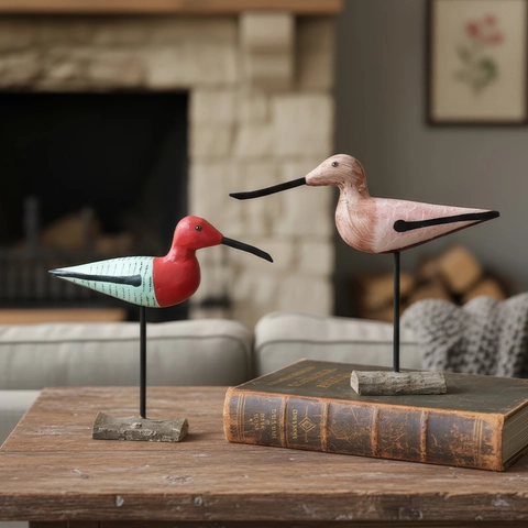 Hand Painted Wooden Bird Ornaments Vintage Nordic Desktop Decorations Metal Stand Rustic Wood Carvings Home Accents