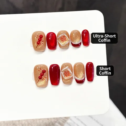 Uñas Postizas Rojas Y Doradas Efecto Ojo De Gato Brillo Estilo Año Nuevo Chino Relieve Festivo Mujeres Niñas