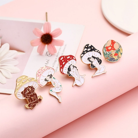 Cartoon Mushroom Girl Enamel Brooch Pin Alloy Drip Oil Creative Personified Plant Jewelry Accessory For Clothing