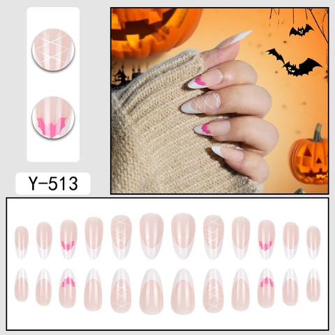 Press On Nails Halloween Rosa Fledermaus Silhouette Mandel Stiletto Falsche Nägel Für Frauen