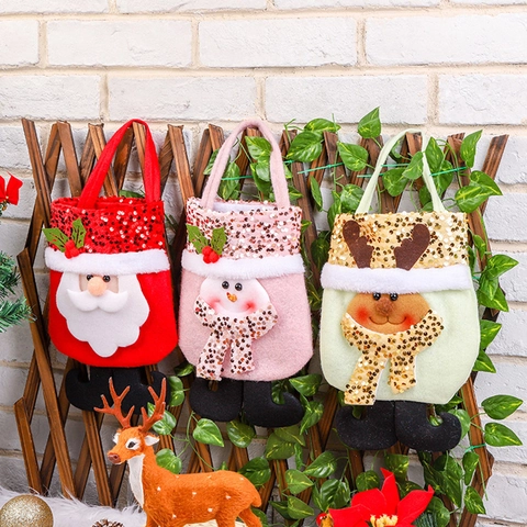 Christmas Gift Bags Sequin Felt Tote Handbags Santa Snowman Reindeer Cartoon Holiday Party Favor Candy Pouch Decor