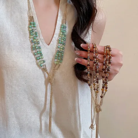 Multi-Layer Tassel Pullover Kette Mit Künstlichen Kristall Und Glasperlen Bohemian Vintage Lange Halskette Für Damen