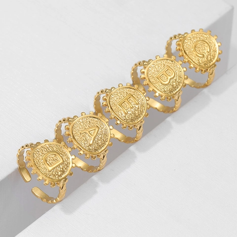 Anillo Ajustable Letra Alfabeto Inicial Sello Moneda Vintage Acero Inoxidable Banda Torsada Joyería Personalizada