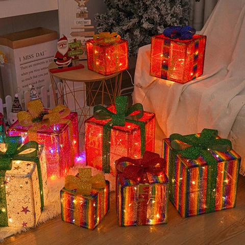 Christmas Lighted Gift Box Set LED Glowing Boxes Fabric Glitter Holiday Indoor Party Home Decoration Ornament