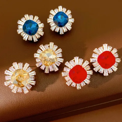 Sunflower Stud Earrings Copper Zircon With 925 Sterling Silver Earring Post Vintage Elegant Jewelry For Women