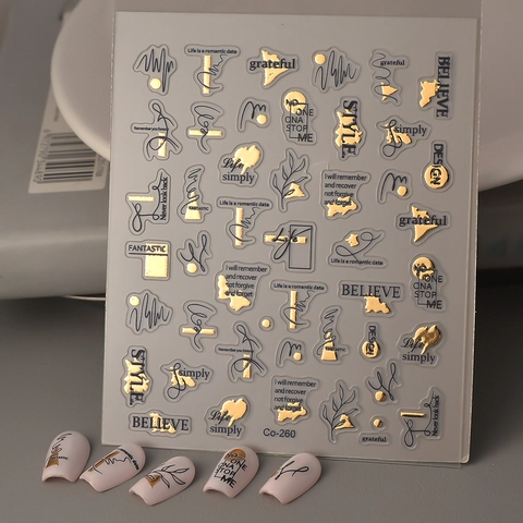 5D Embossed Nail Art Stickers Gold Foil English Letters Geometric Lines Adhesive Waterproof Decals Manicure DIY For Women