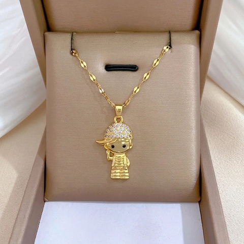 Collana Con Pendente Ragazzo Con Cappello Catena In Acciaio Inossidabile E Zirconia Rame Gioielli Per Donna