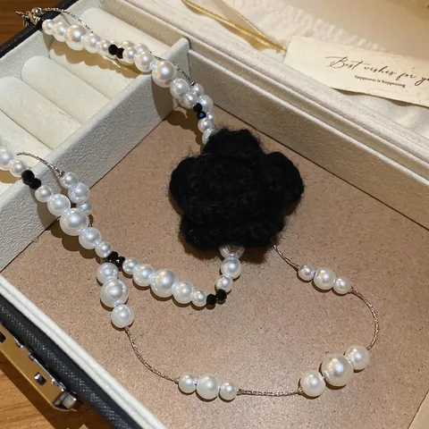 Collar De Perlas Artificiales De Doble Capa Con Flor De Punto Negra Camelia Choker Elegante Vintage Para Mujer