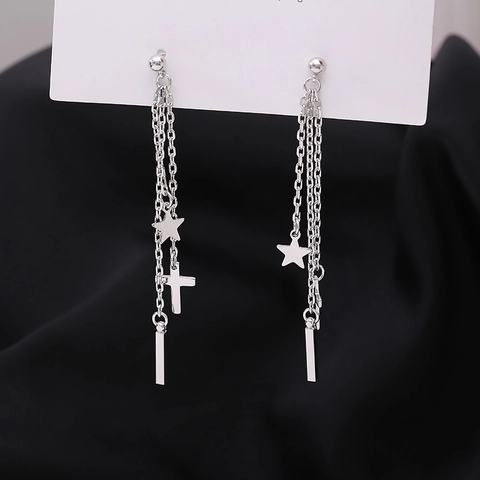 Long Tassel Drop Earrings Silver Color Copper With Star Cross And Bar Pendants Korean Style For Women Fashion Jewelry