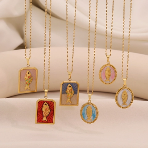 Stainless Steel Gold Plated Fish Pendant Necklace Enamel Tarot Card Style Retro Jewelry For Women
