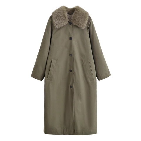 Lange Trenchcoat Voor Dames Met Afneembare Bontkraag Omkeerbaar Elegant Enkele Rij Knopen Olijfgroen Khaki