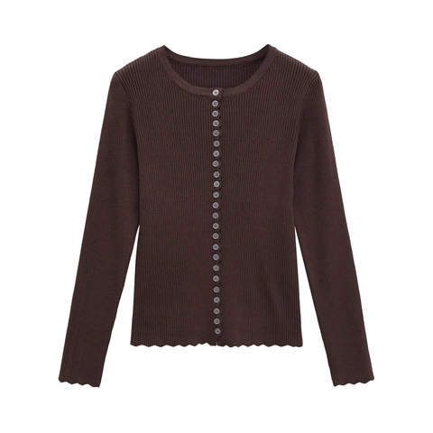 Cardigan En Maille Côtelée Femme Col Rond Manches Longues Boutonné Bordure Ondulée Pull Ajusté Élégant Marron