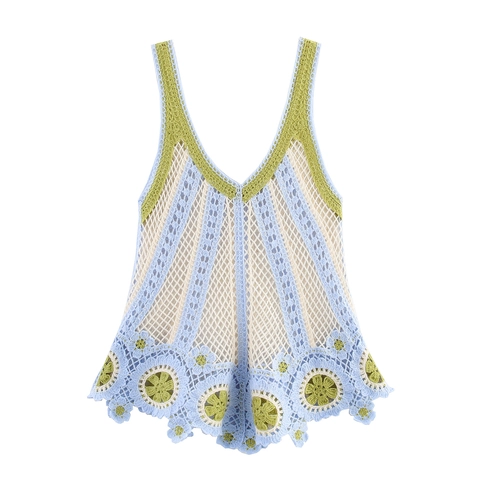 Top A Canotta In Uncinetto Da Donna Maglia Traforata Scollo A V Orlo Floreale Bohemien Senza Maniche Gilet