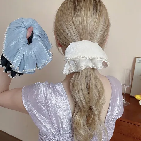 Chouchous En Satin Plissé Élégants Avec Bord En Künstliche Perles Vintage Grands Élastiques À Cheveux Pour Femmes Filles