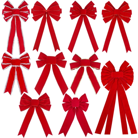 Weihnachtsdekoration Schleifen Rot Beflockter Samt Für Baum Feiertagsparty Kranz Ornamente Mehrlagig Klassisch Festlich