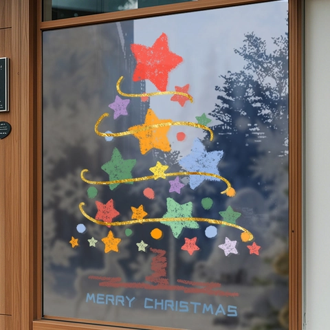 Christmas Window Stickers Static Cling PVC Colorful Star Christmas Tree Decals For Glass Door Showcase Holiday Decor