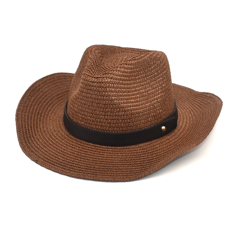 Straw Fedora Panama Hat For Men Women Woven Cowboy Sun Beach Hat With Faux Leather Band Metal Rivet Breathable Foldable