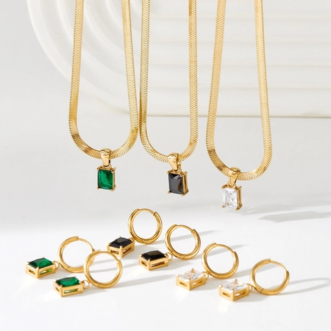 Stainless Steel Snake Bone Chain Necklace With Square Zircon Pendant Minimalist Gold Plated Jewelry For Women