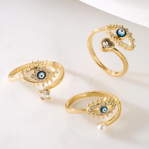Evil Eye Offener Ring Kupfer Mikro Zirkonia Herz Künstliche Perle Emaille Minimalistisch Verstellbar Modeschmuck Für Damen