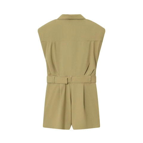 Damen Ärmelloser Romper Mit Schulterpolstern Und Gürtel Baumwollgewebe Casual Revers Knöpfe Utility Shorts Jumpsuit