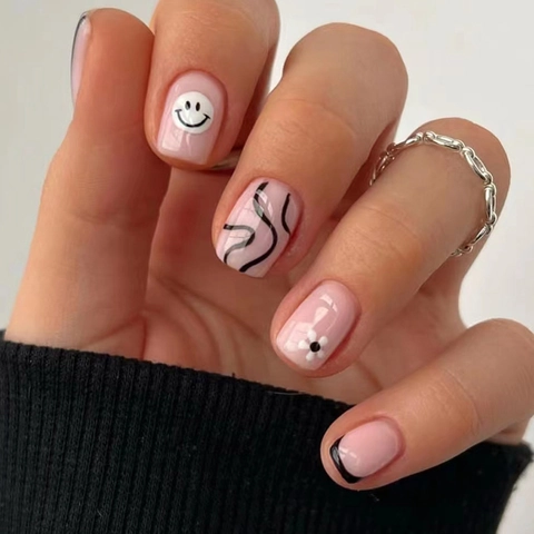 Press On Nails Pink False Nails With Smiley Face Flower Line Pattern Glossy Long Square Manicure For Women Girls