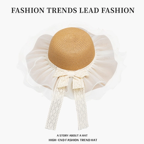 Women Wide Brim Straw Hat With Lace Bow Organza Mesh Detail UPF Sun Protection Summer Beach Holiday Travel Foldable