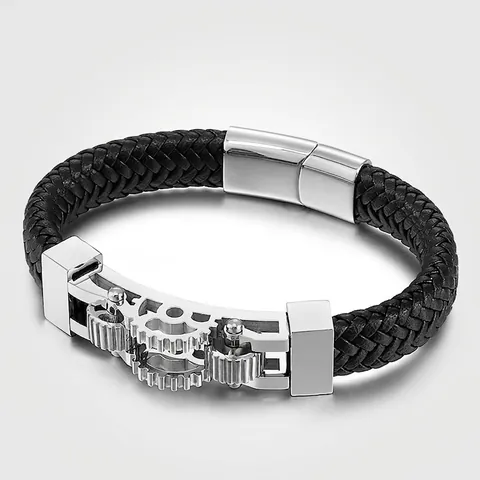 Pulsera Hombre Cuero Trenzado Engranaje Mecánico Acero Inoxidable Joyería Biker Estilo Punk Cierre Magnético Industrial