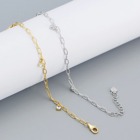 Pulsera de Amuletos de Plata de Ley S925 con Diamantes de Imitación para Mujer Cadena de Eslabones Colgante de Corazón