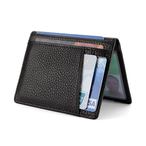 Slim Card Holder Genuine Cowhide Leather Lychee Pattern RFID Blocking Ultra Thin ID Window Business Wallet For Men
