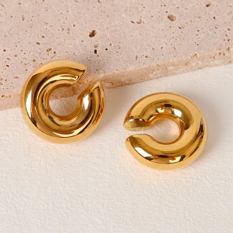 Stainless Steel C Shaped Ear Cuffs Non Pierced 18K Gold Plated Thick Hollow Mirror Polished Fashion Jewelry Women