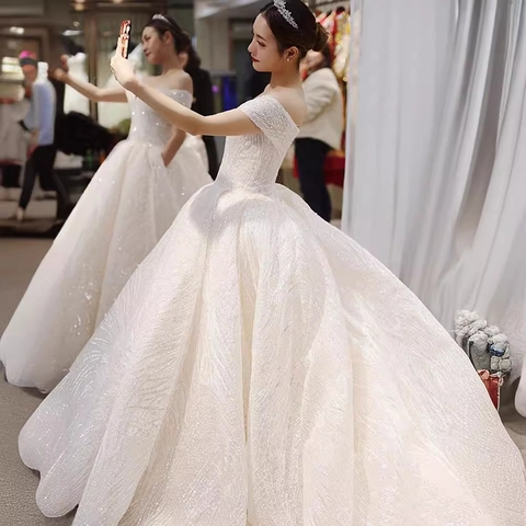 Off-Shoulder Pailletten Ballkleid Hochzeitskleid Brautkleid Luxus Tüll Spitze Champagner Elfenbein Lange Schleppe Formal