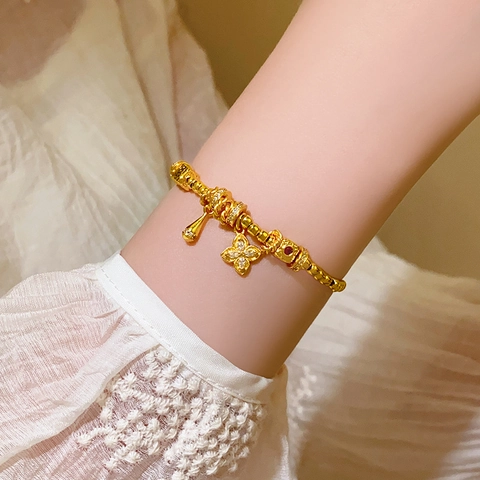 Bracciale Di Perline Fiore Rame Placcato Oro Zirconia Pietra Rossa Vintage Francese Elegante Cuore Gioielli Donna