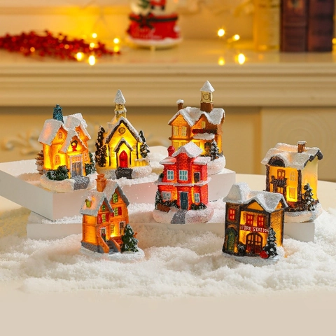 Christmas Luminous House Miniature Village Resin Snow Scene LED Lighted Ornaments Desktop Festive Decor