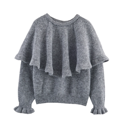 Grijze Gebreide Trui Dames Ronde Hals Ruches Manchetten Opengewerkt Zacht Comfortabel Casual Top Met Lange Mouwen