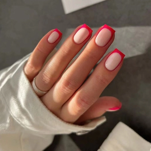 Unghie Finte Corte Quadrate Press On Punte Francesi Rosse Manicure Lucida Decorativa Moda Per Donne Elegante Semplice