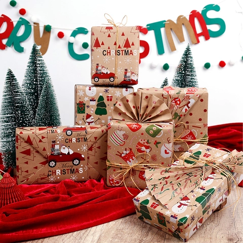 Christmas Gift Wrapping Paper Roll Kraft Paper Double Sided Printed Holiday Party Decorative Santa Snowflake Tree Pattern