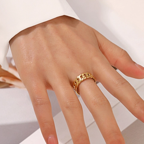 Anillo De Cadena De Eslabones Cubanos De Acero Inoxidable Para Mujer Banda Abierta Ajustable Joyería Minimalista