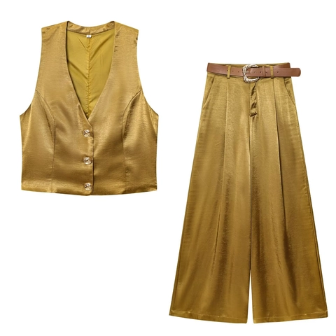 Completo In Satine Da Donna Oro Gilet Senza Maniche E Pantaloni Larghi A Vita Alta Con Cintura Eleganza