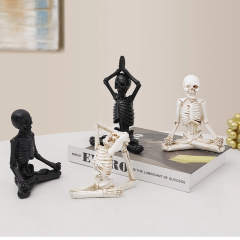 Yoga Skeleton Figurines Resin Gothic Reading Ghost Sculpture Halloween Desktop Ornament Home Decor Accents
