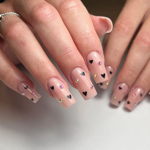 Press On Nails Nude Square Fake Nail Tips With Black Hearts And Rhinestones Glossy Full Cover Artificial Finger Nails For Women