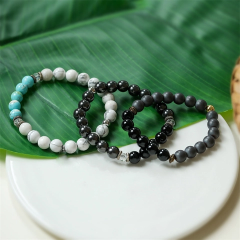Natural Stone Beaded Bracelet Elastic Handmade Agate Hematite Lava Tiger Eye Retro Compass Anchor Jewelry Men
