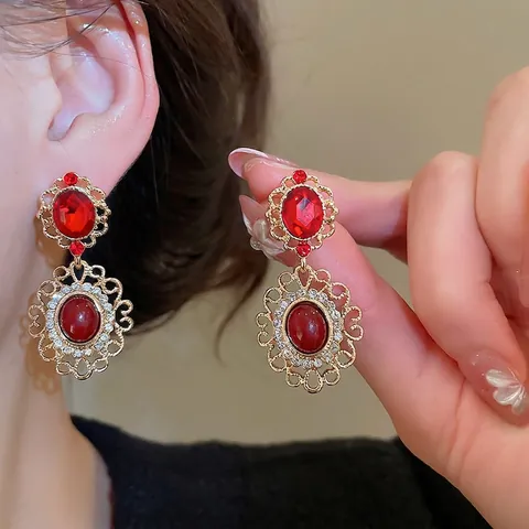 Palace Style Drop Earrings Red Oval Rhinestone Gold Hollow Filigree Alloy With Silver Earring Post Vintage For Women