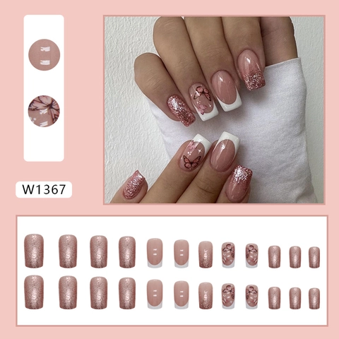 Rose Pink Glitter Gradient Press On Nails Square French Tip Butterfly Pattern Sweet Elegant For Women