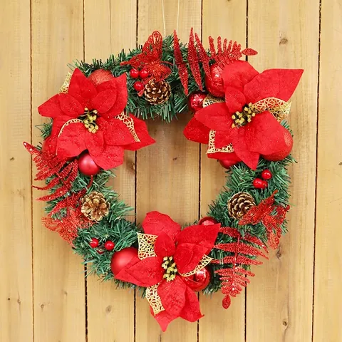 Weihnachts Kranz Rote Poinsettia Blumen Zapfen Beeren Bälle PVC Tannennadeln Haustür Deko Festlicher Schmuck