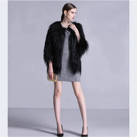 Dames Jas Van Imitatiebont Halflang Pluizige Kunstbontjas Winter Warm Streetwear Mode Bovenkleding Kraagloos