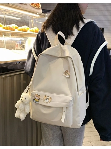 Grote Capaciteit Schoolrugzak Waterdicht Canvas Student Leuke Harajuku Stijl Meisjes Met Pluche Beer Hanger En Cartoon Spelden