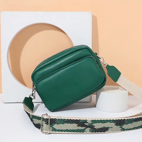 Women Crossbody Bag PU Leather Camera Bag With Wide Jacquard Strap Double Zipper Minimalist Small Square Purse