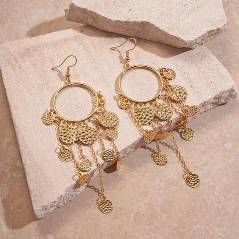 Bohemian Round Circle Drop Earrings With Long Chain Fringe Hammered Metal Plates Stainless Steel Earring Post For Women