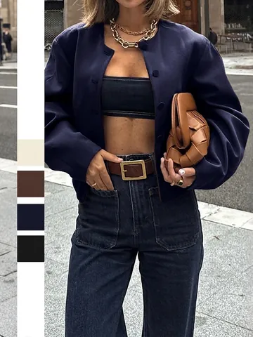Women Crop Jacket Woven Solid Color Round Neck Long Sleeve Button Up Casual Streetwear Fall Outerwear