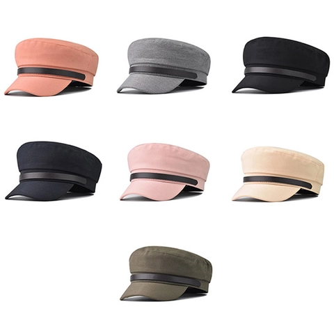 Casquette Gavroche Femmes Cuir PU Coton Style Marine Rétro Dessus Plat Avec Chaîne Décoration Métallique